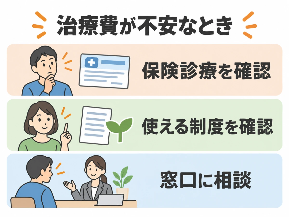 治療費が不安なときに保険診療と使える制度を確認し窓口へ相談する案内