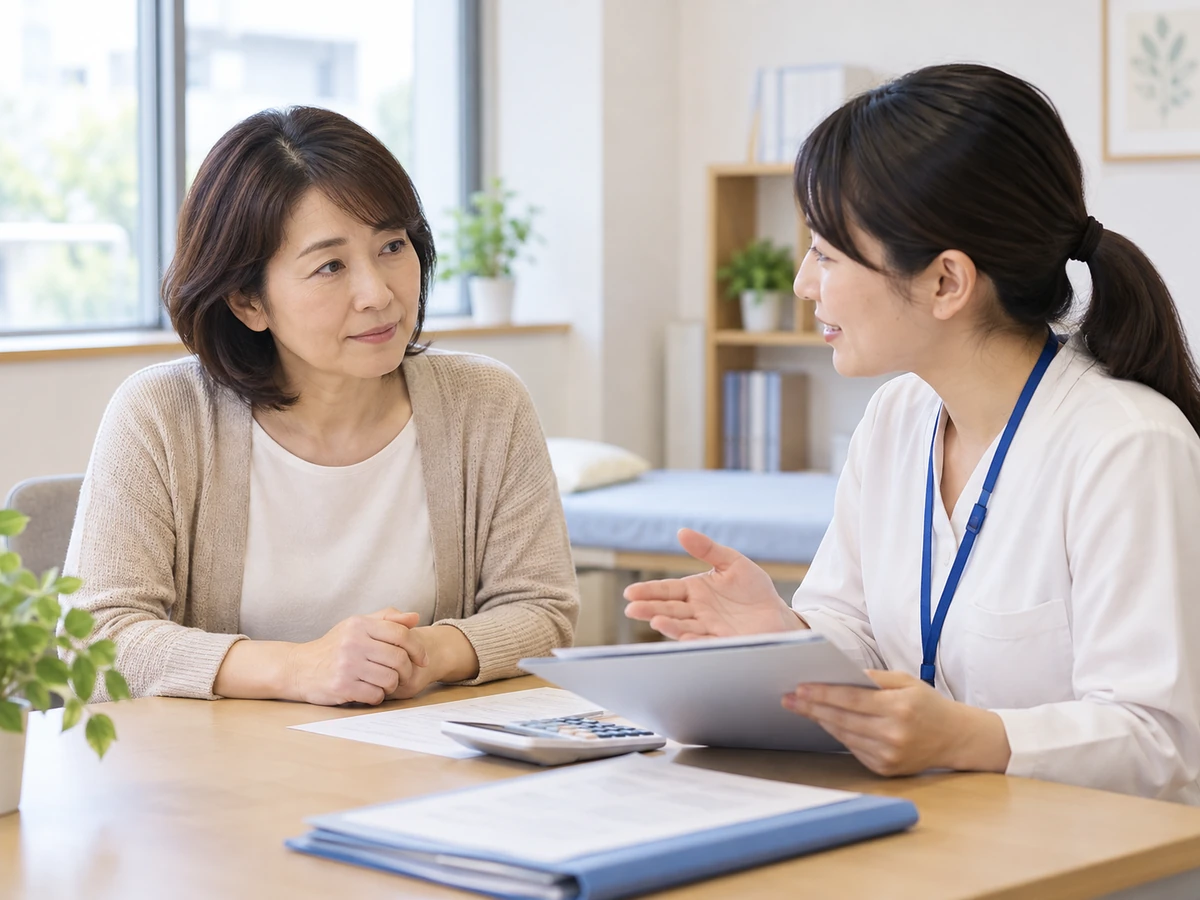 医療スタッフに費用や支援について相談する女性の写真