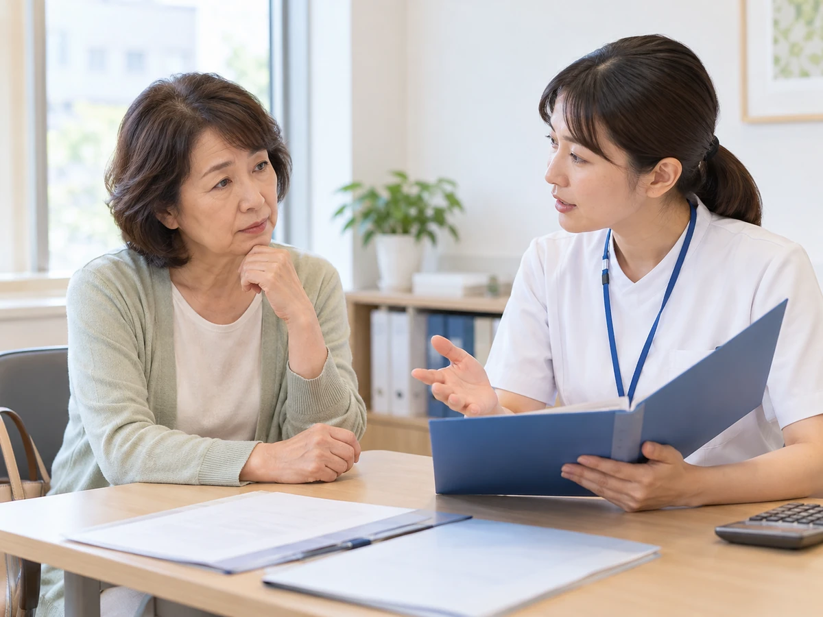 医療スタッフと資料を見ながら費用や支援について相談する女性の写真
