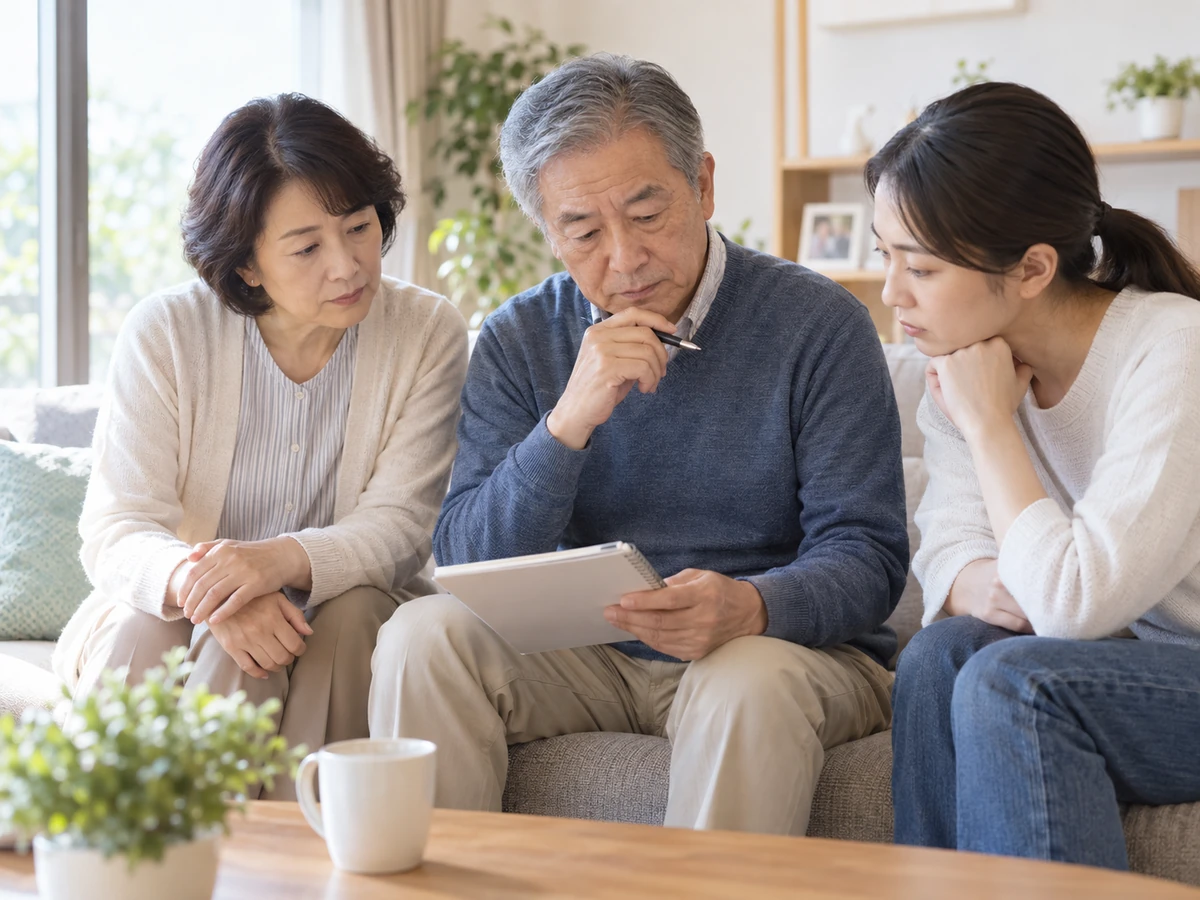 家族と一緒に治療や生活についての資料を確認する男性