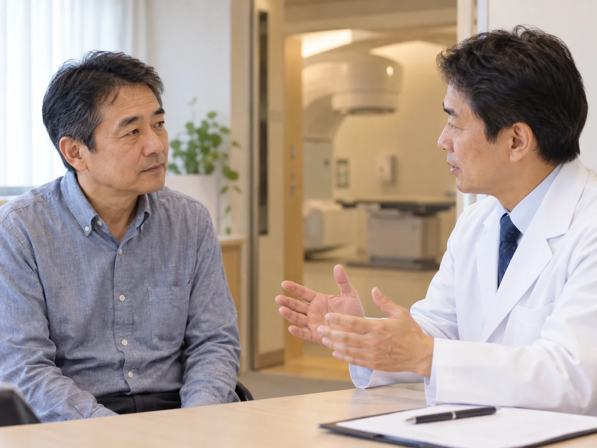 放射線治療室の前で、男性が医師の説明を聞いている。