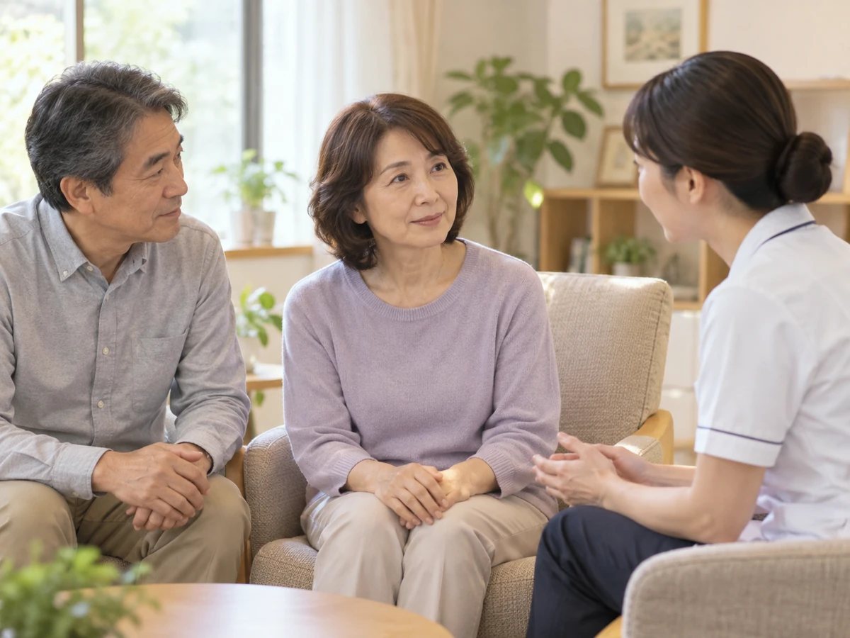 夫婦が、療養について看護師の説明を聞く様子