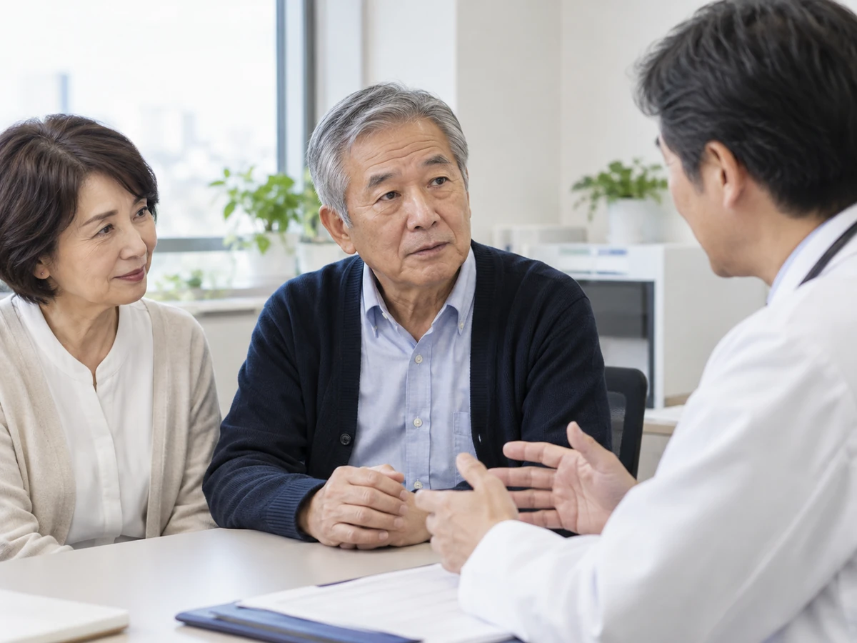 夫婦で医師の説明を聞く診察室の写真