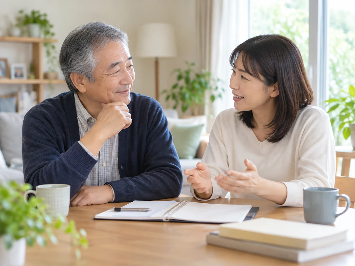 自宅で今後の生活について家族と話す高齢男性