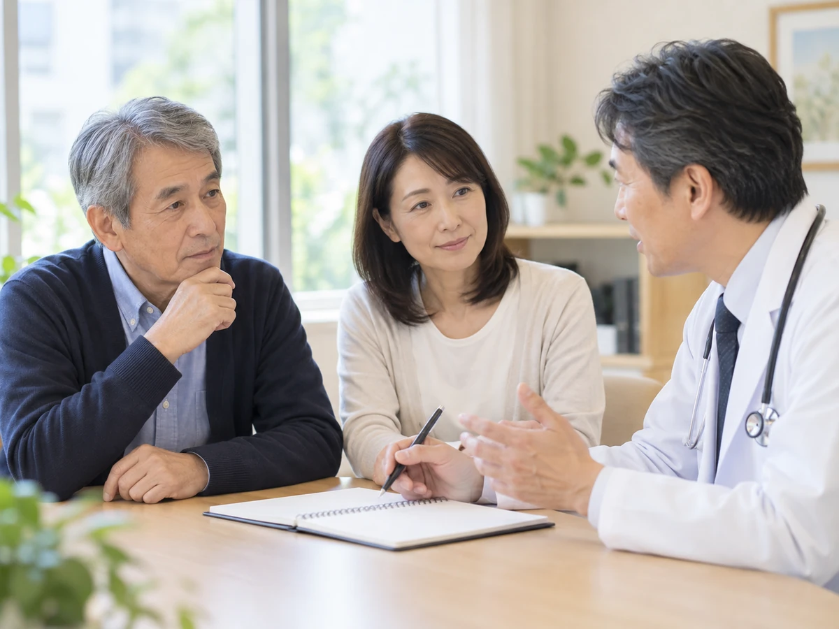 生活上の工夫について家族とともに医師に相談する男性