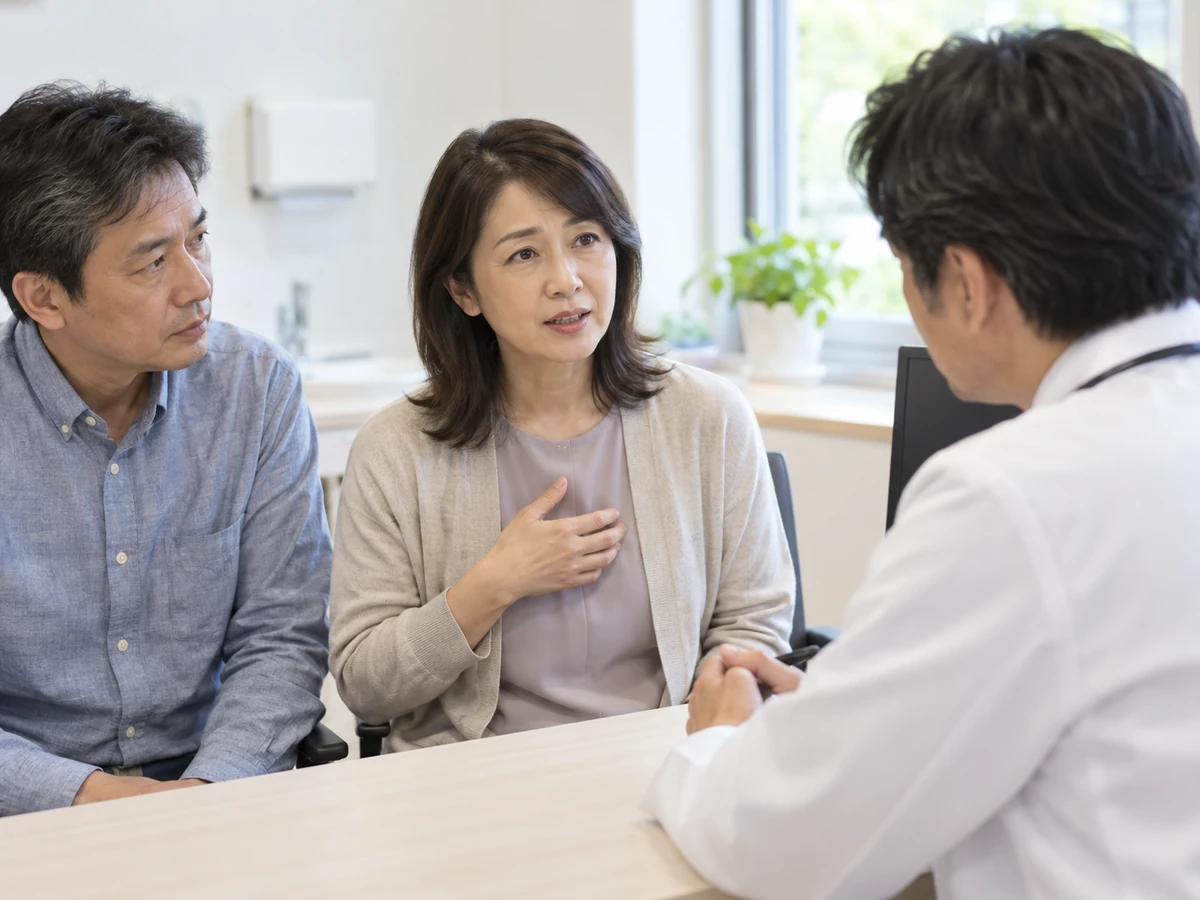 家族が同席する診察室で、女性が体調の不安を医師に話す様子