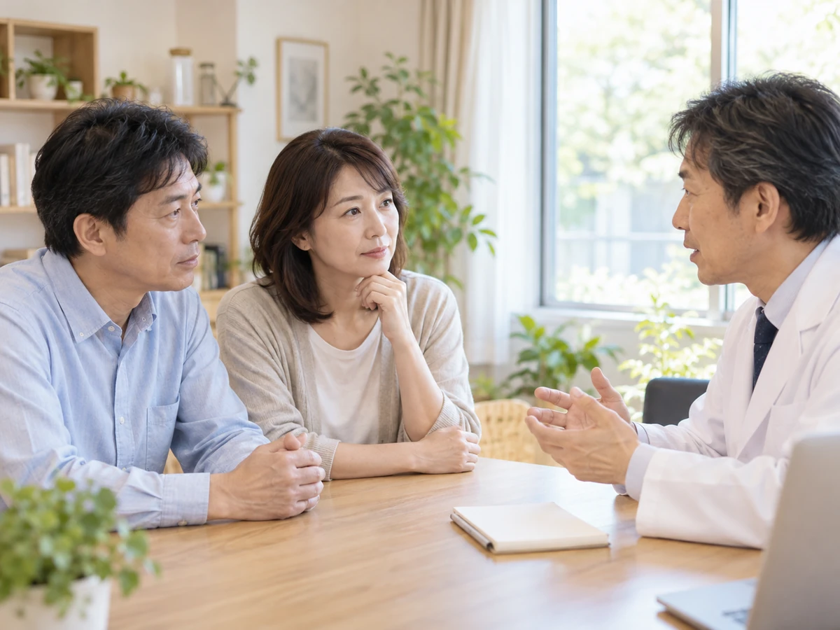 夫婦が、診察室で医師に相談する様子