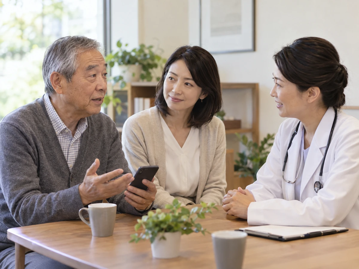 男性が家族と一緒に、女性医師へ質問している相談場面。