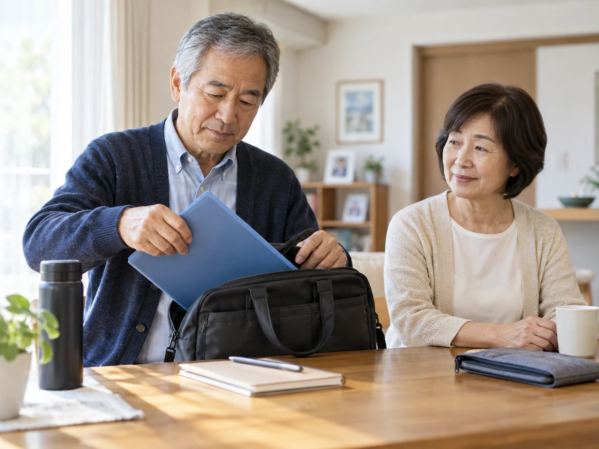 手術が難しい場合の相談に備えて資料をかばんに入れる男性と家族のイメージ
