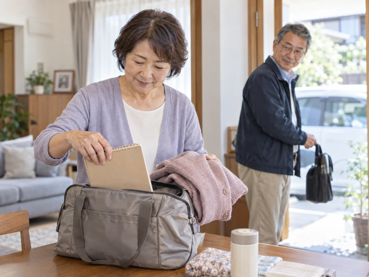 夫が見守る自宅で、バッグにノートや衣類を準備する女性