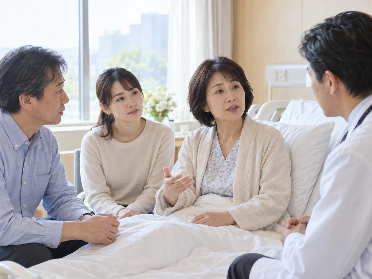 病室で女性が家族とともに医師と今後の方針を話し合う場面。