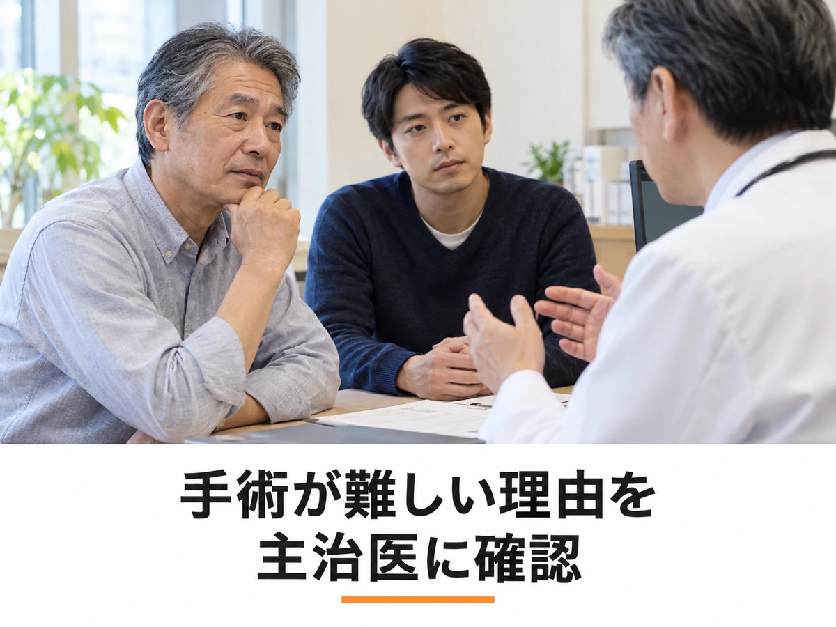 手術が難しい理由を男性と家族が主治医に確認するイメージ