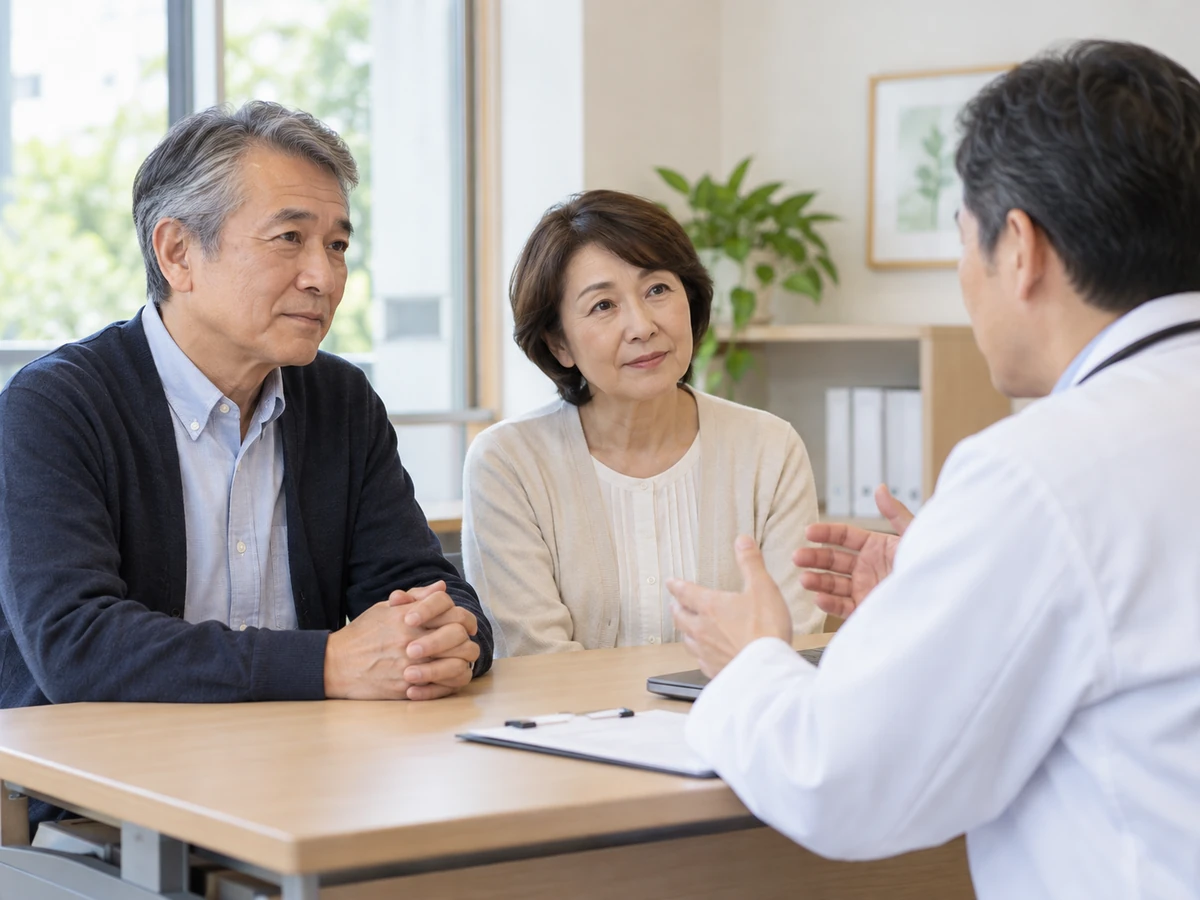 医師の説明を一緒に聞く夫婦の写真