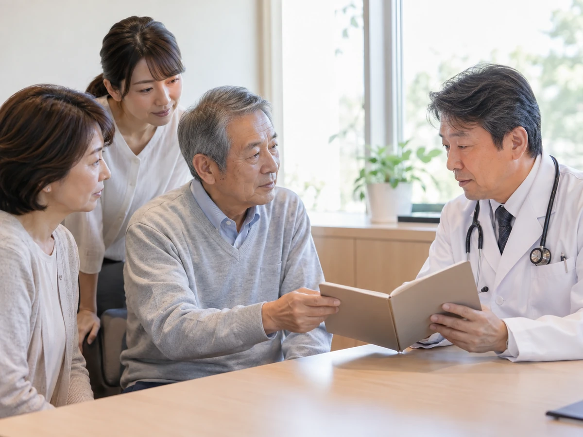 男性と家族が、無地のノートを主治医と一緒に確認して相談する様子