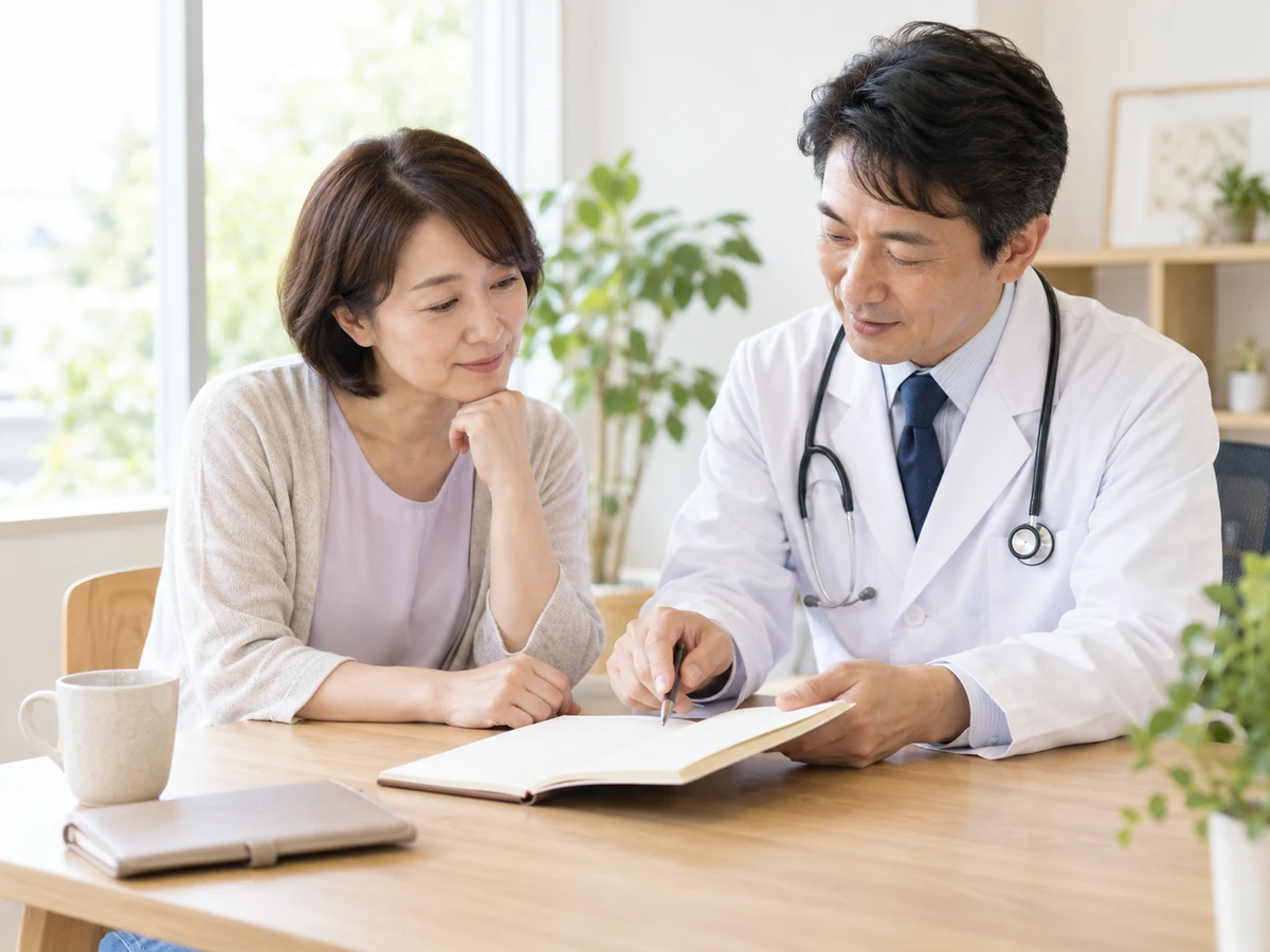 女性と医師がノートを見ながら生活や療養について相談している。