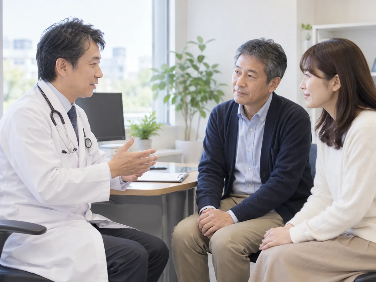 家族と一緒に医師の説明を聞く高齢男性の写真