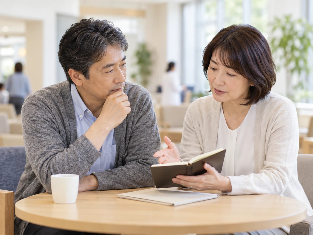 病院の休憩スペースで、男女がノートを見ながら話し合う様子
