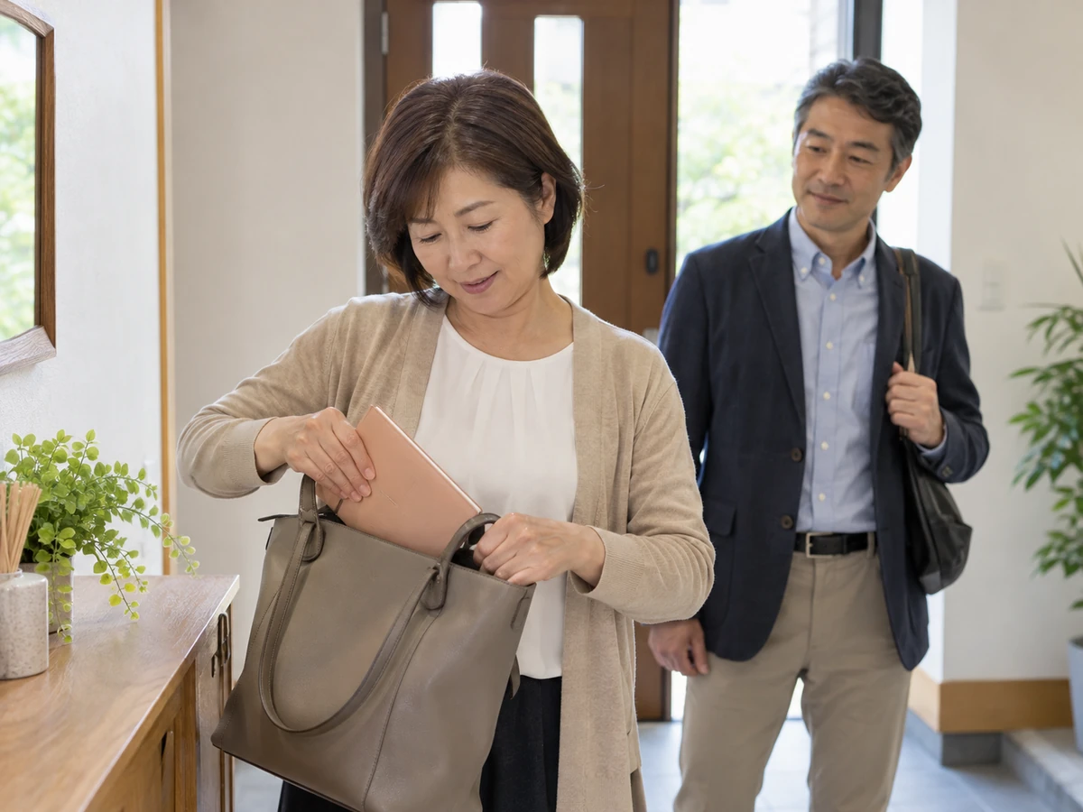 通院の準備としてバッグに手帳を入れる女性と付き添う男性