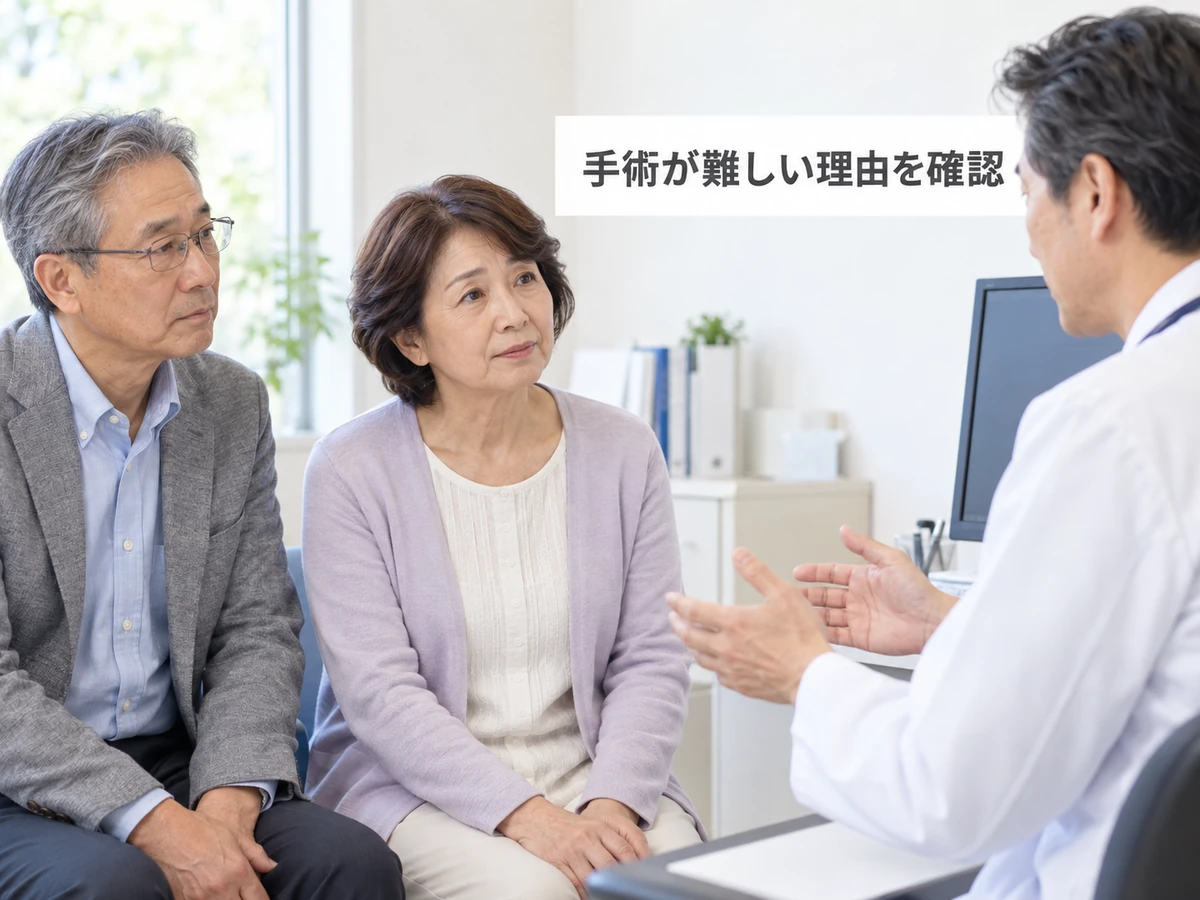 手術が難しい理由について家族と一緒に医師の説明を聞く男女