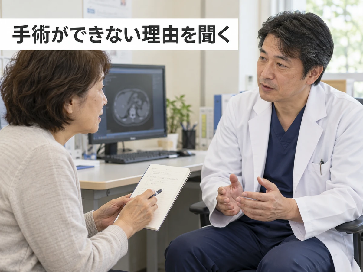 手術ができない理由を医師に確認する女性の写真