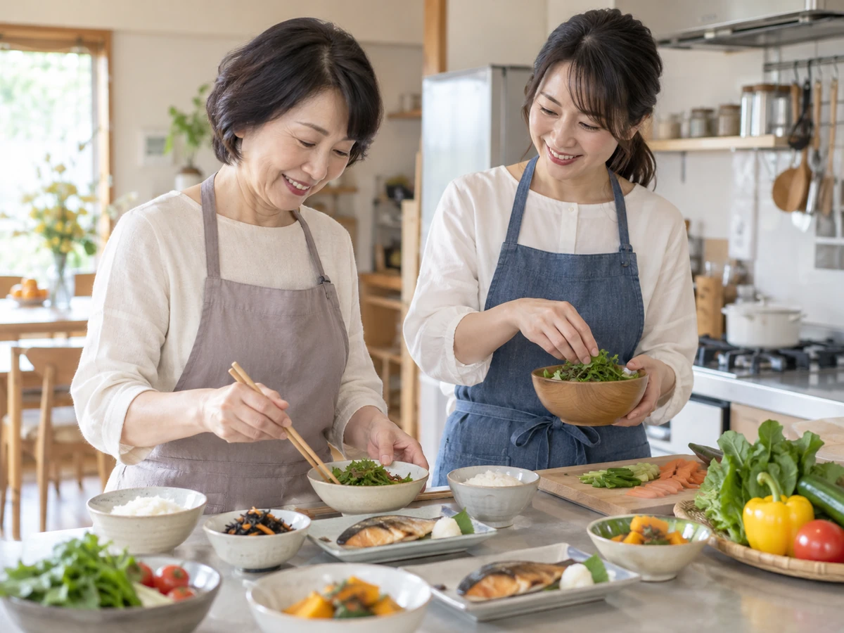 自宅の台所で娘と一緒に食事を準備する女性