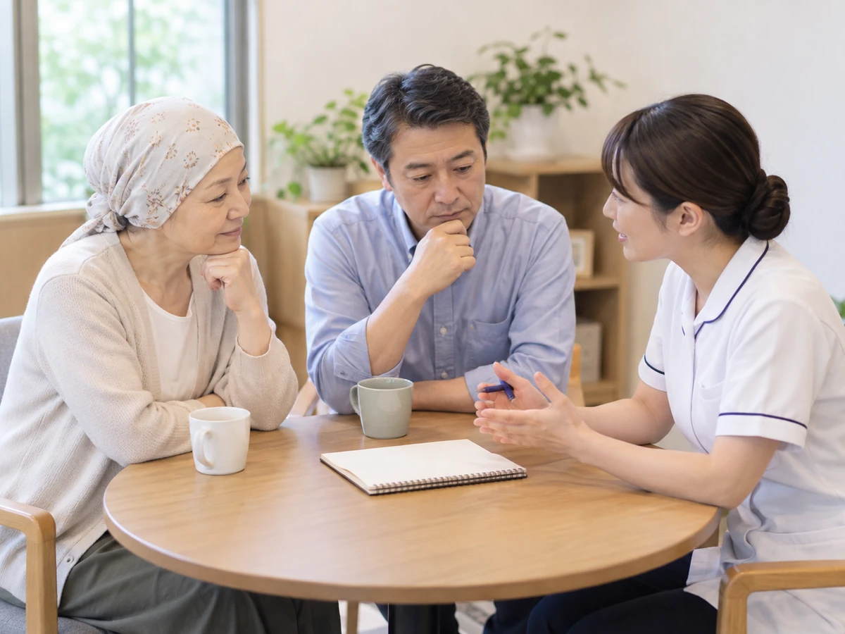女性と家族が看護師と向かい合い、治療や療養の選択肢を相談している。