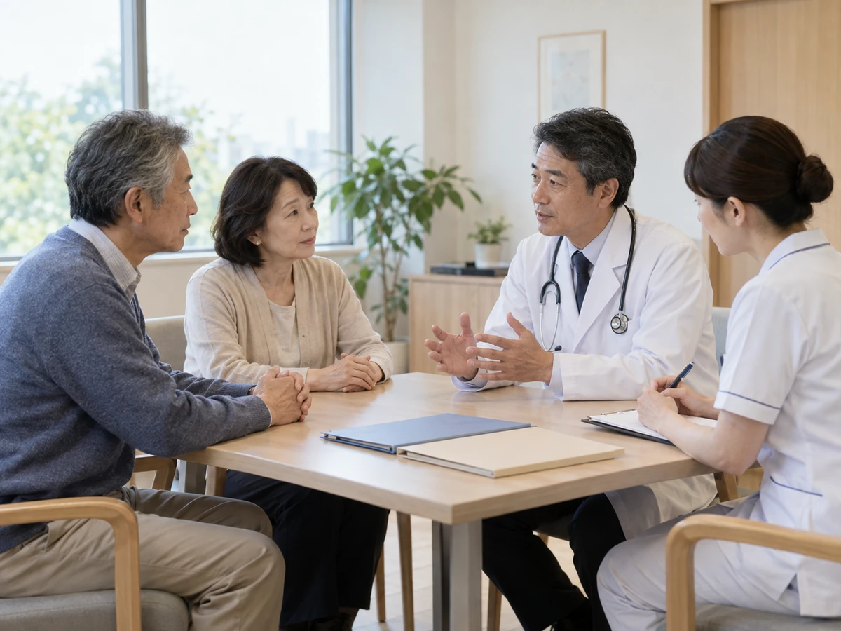 患者と家族が、医師と看護師を交えて治療とケアについて話し合う様子