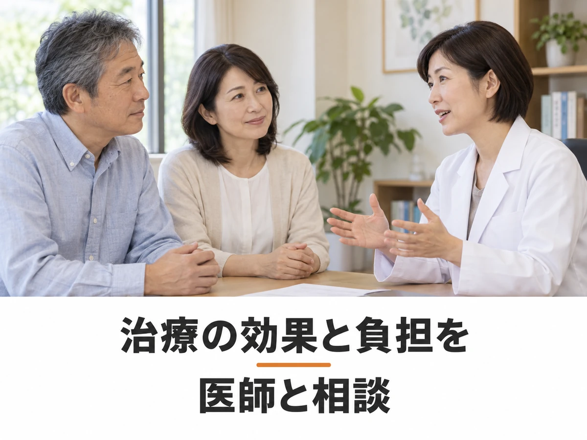 治療の効果と負担について夫婦が医師と相談するイメージ