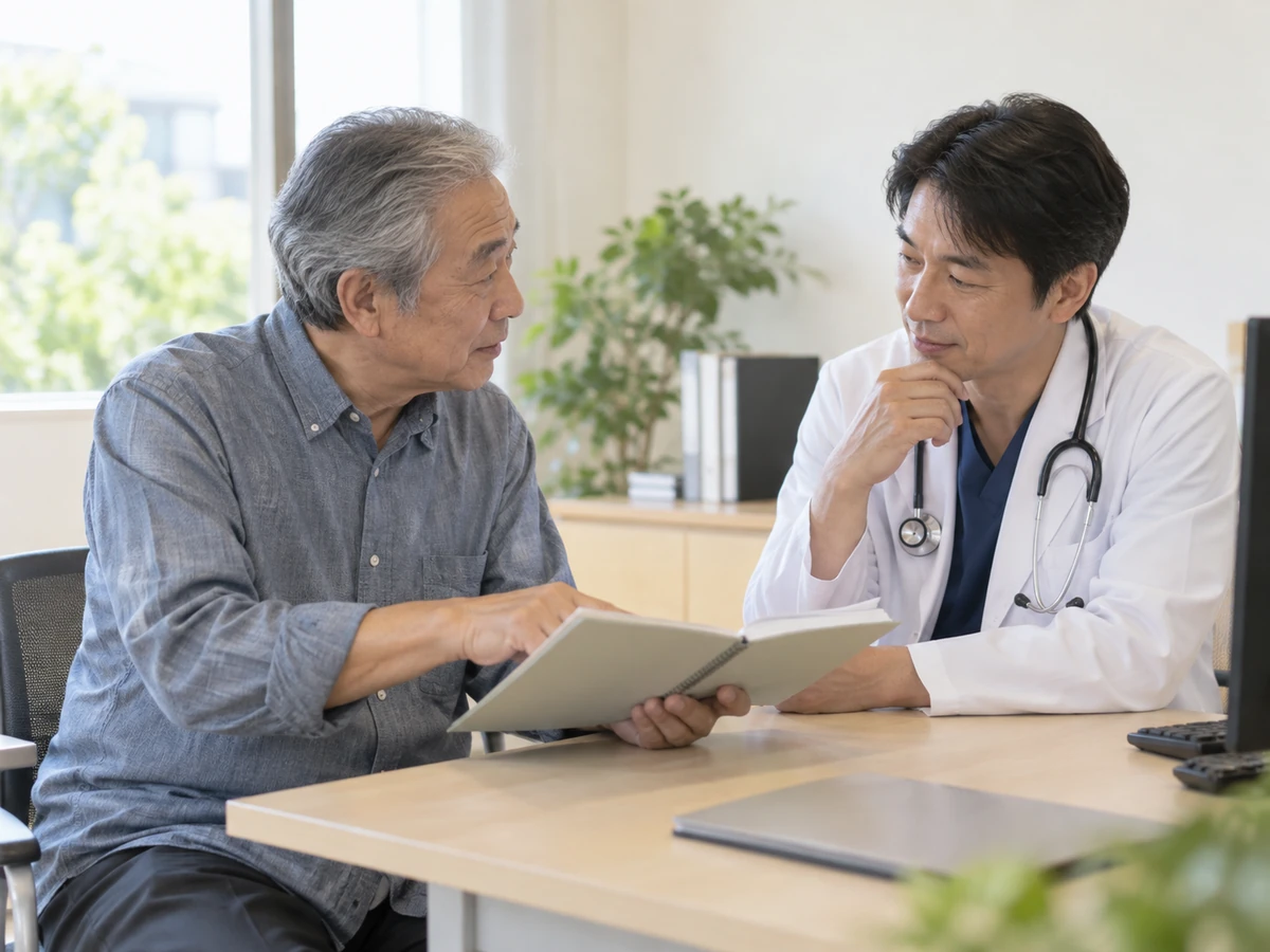 男性がノートを開き、医師と内容を確認している。