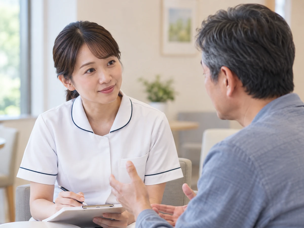 看護師に希望や気がかりを話す男性