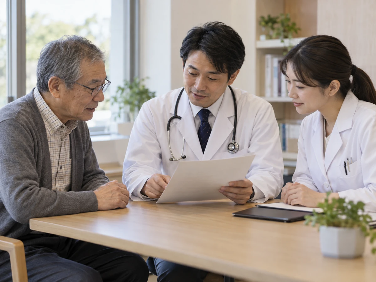 男性が医師と薬剤師に囲まれ、資料を見ながら治療について相談している。