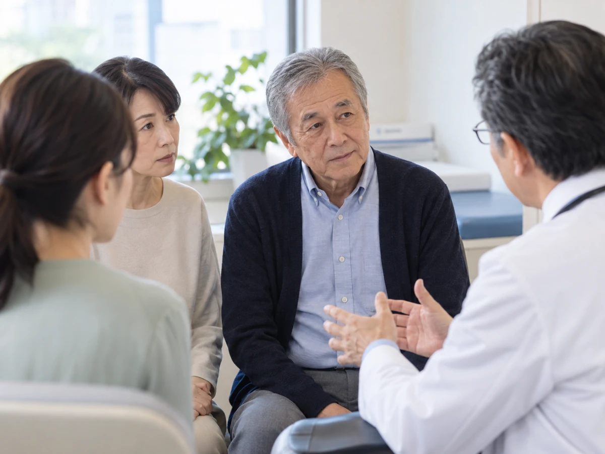 男性と家族が診察室で医師の説明を聞いている。