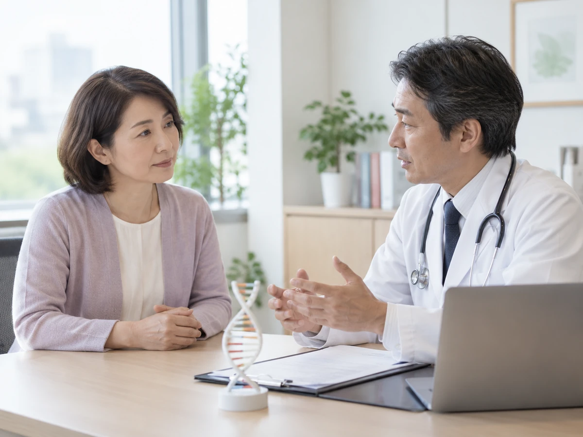 DNAの模型が置かれた相談室で、女性が医師の説明を聞いている。
