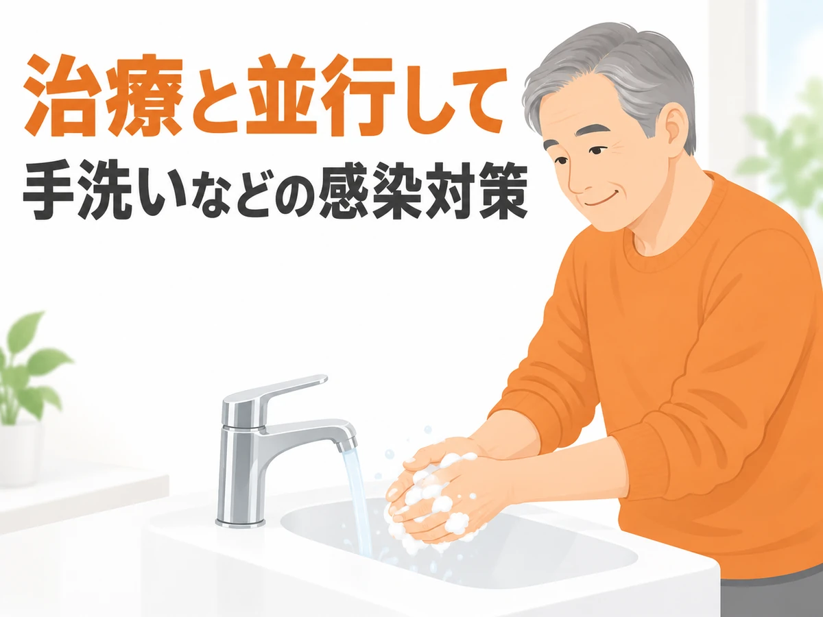 治療と並行して手洗いなどの感染対策という言葉を添えた、手を洗う男性のイラスト
