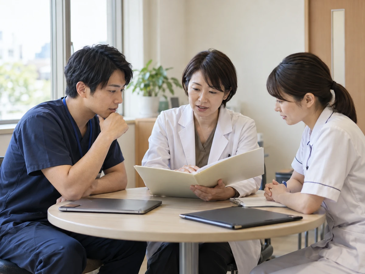 医師と看護師ら3人が、資料を囲んで治療について話し合っている。