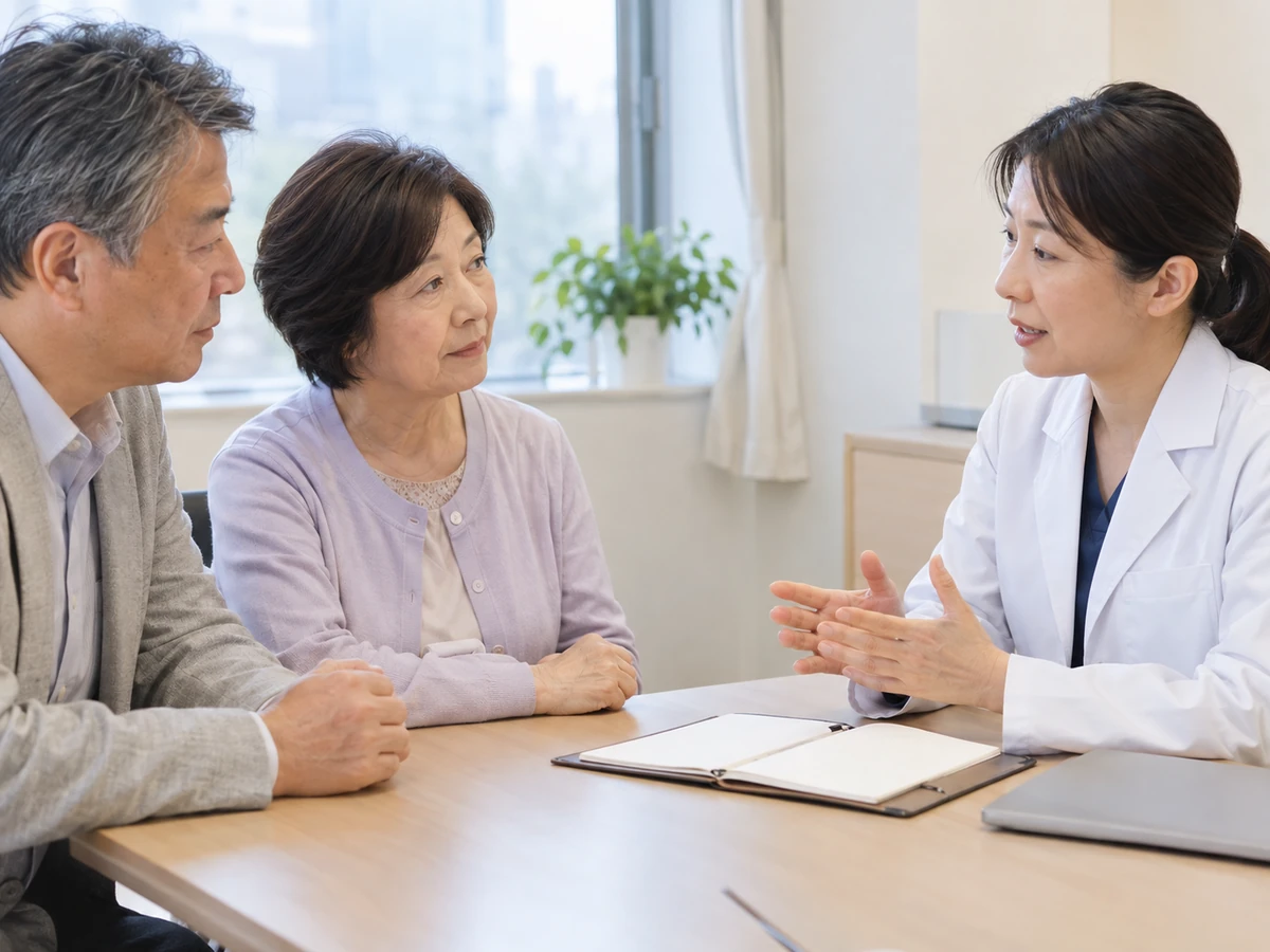 夫婦が女性医師の説明を聞きながら相談している。