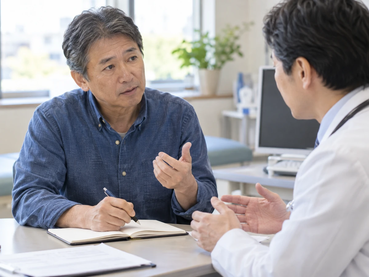 医師に選べる治療について質問する高齢男性の写真