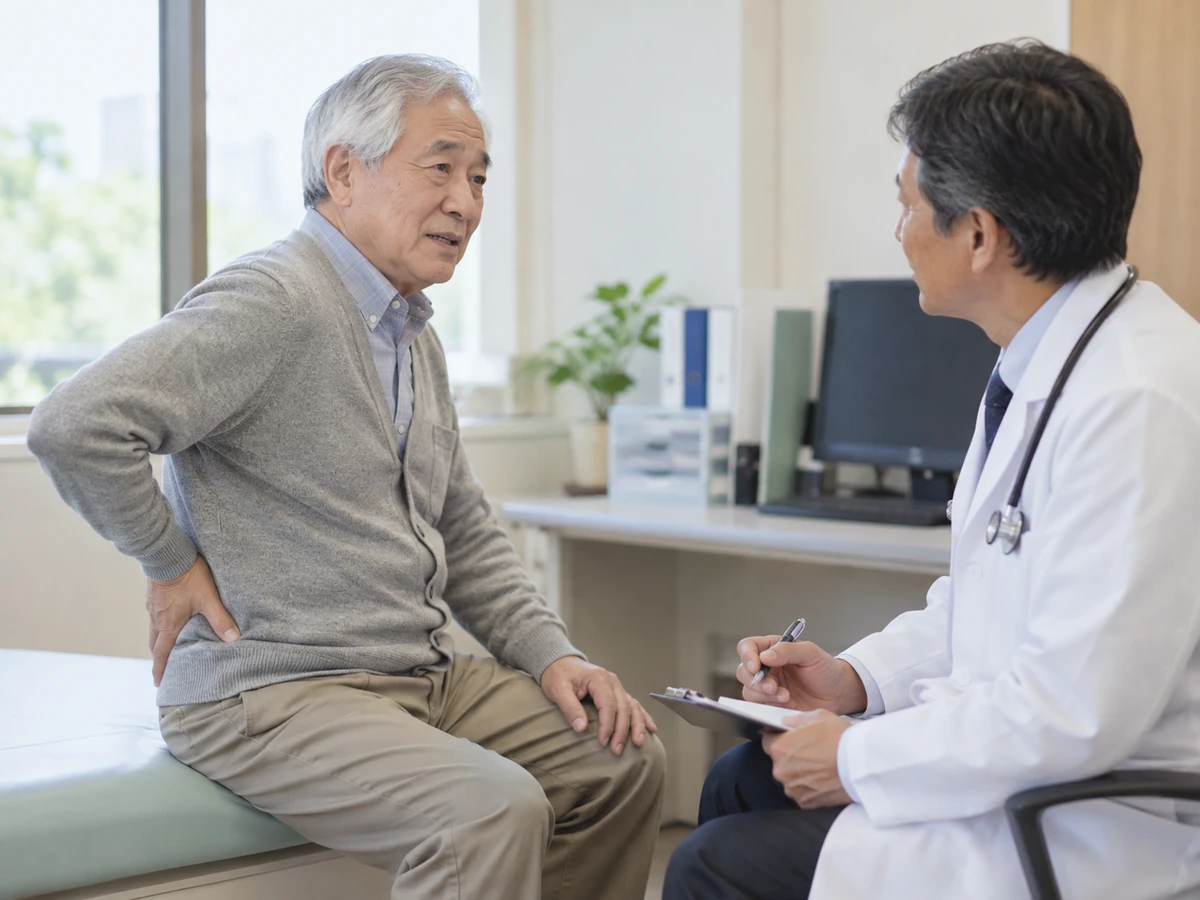 腰に手を添えて痛みの場所を医師に伝える年配の男性