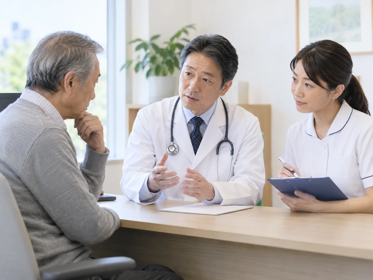 薬の適応や副作用について医師と看護師に質問する年配の男性
