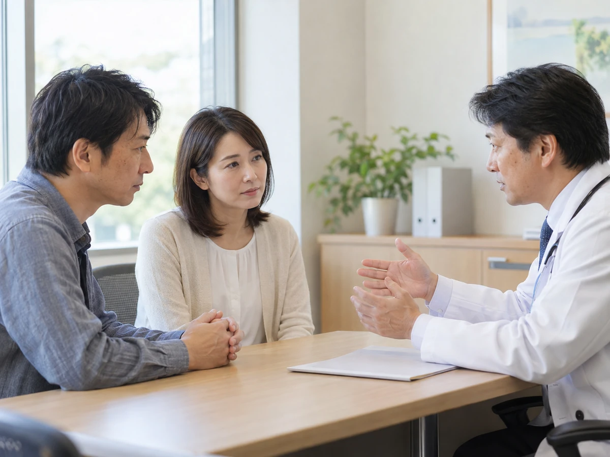 男女が、診察室で医師の説明を聞く様子