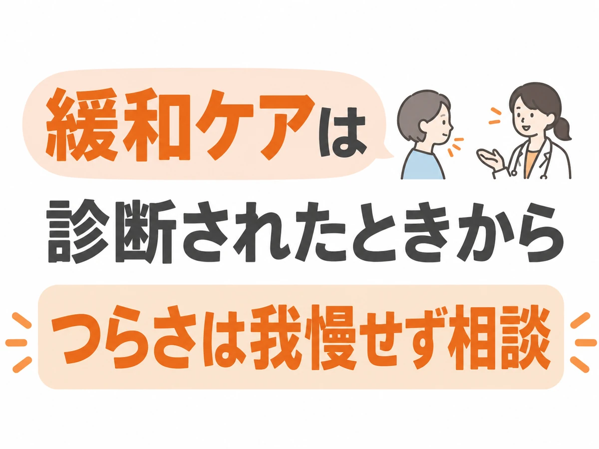 緩和ケアは診断されたときから受けられることと、つらさを我慢せず相談することを示した図解。