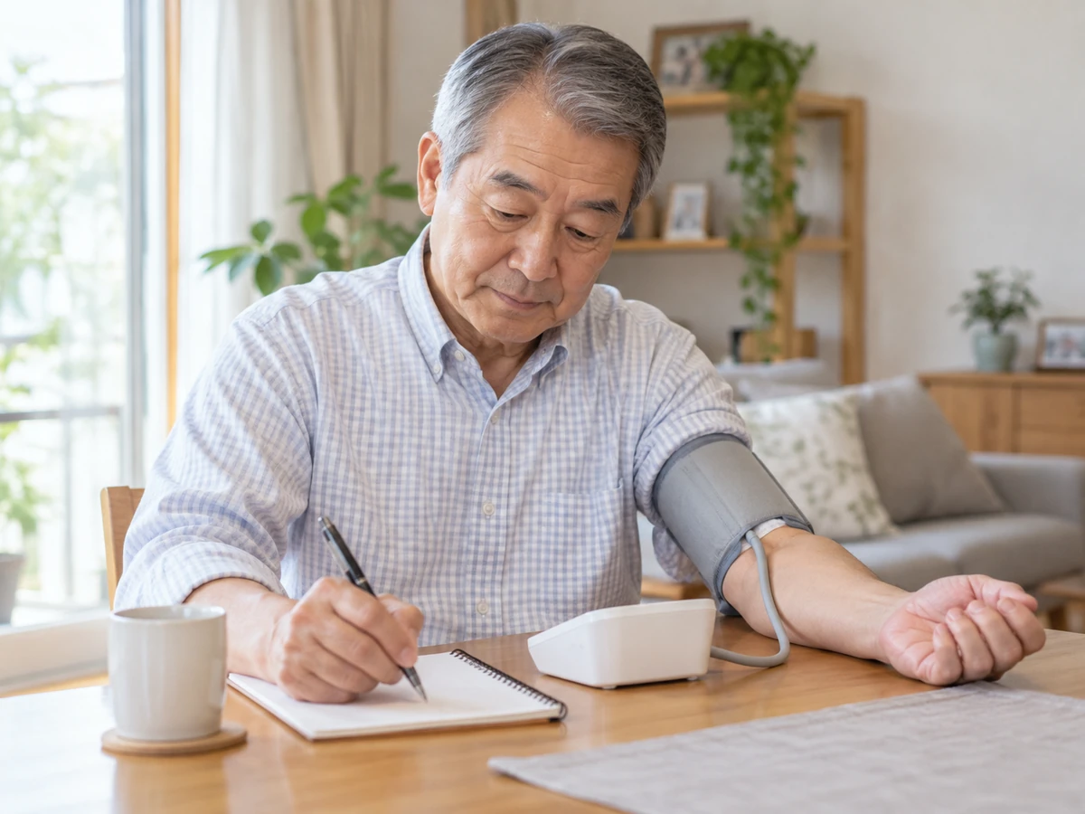 自宅で上腕の血圧計を使い、ノートに記録する男性。