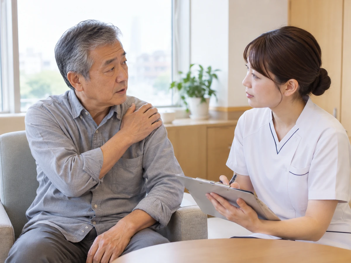 肩の痛みについて看護師に伝える男性の写真