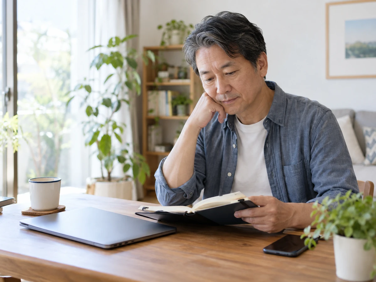 閉じたパソコンの隣でノートを読む男性の写真