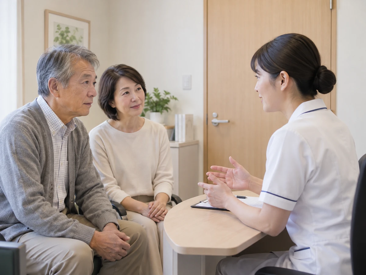治療に伴う体の変化や副作用について看護師に相談する夫婦