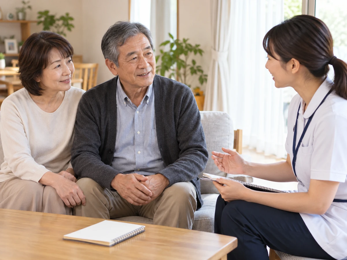 自宅で看護師と療養について話す夫婦