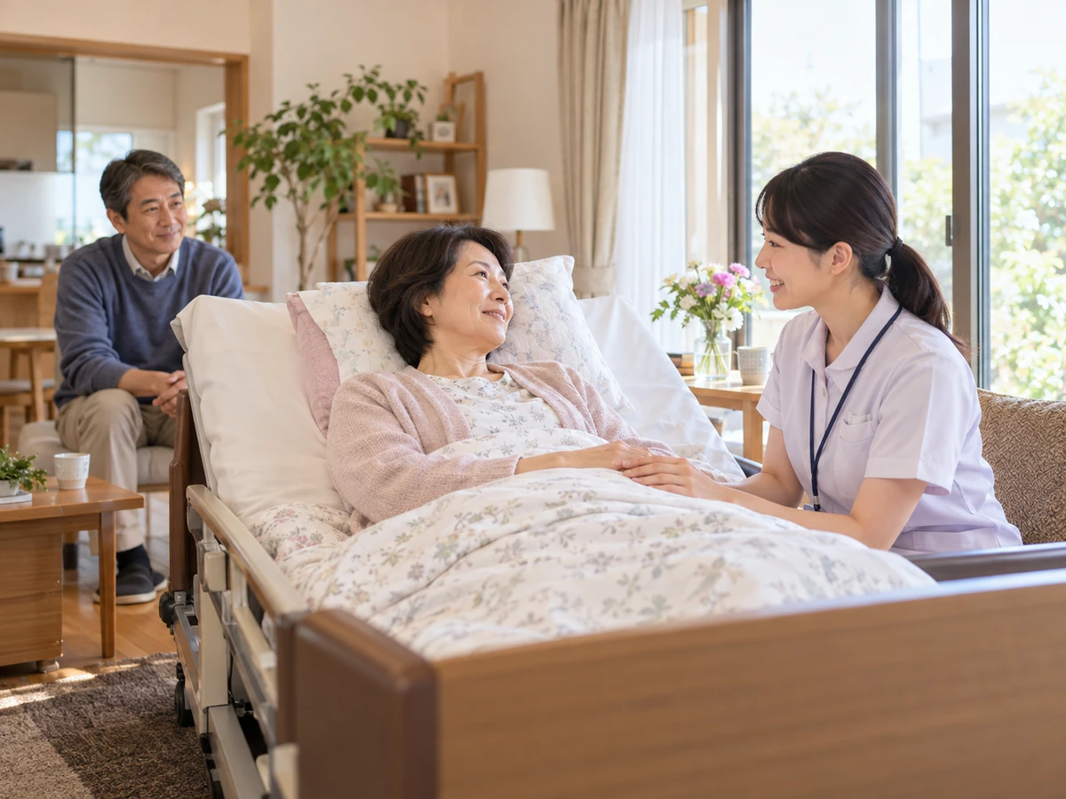 自宅の介護用ベッドで女性が訪問看護師と話し、家族がそばで見守っている。