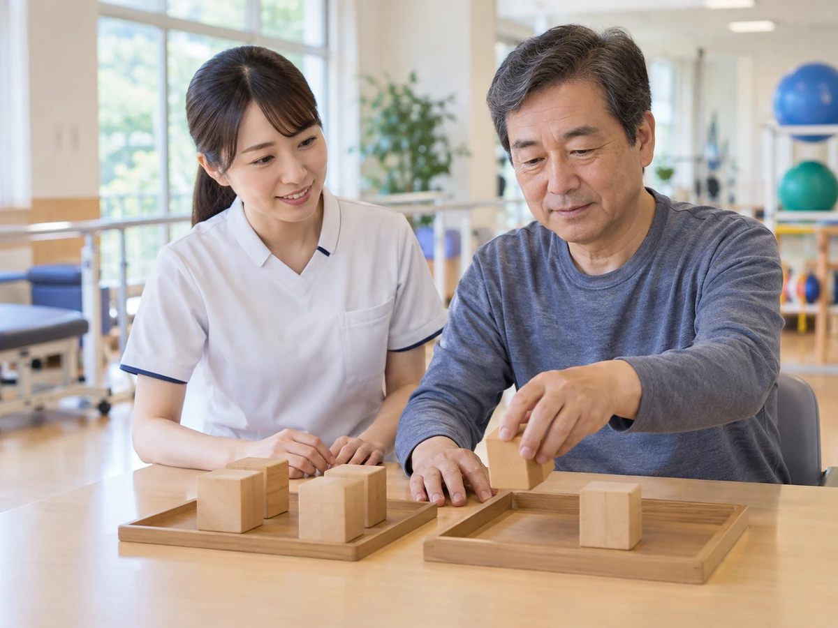 医療スタッフの見守りのもと、男性が木製ブロックを移すリハビリテーションの様子
