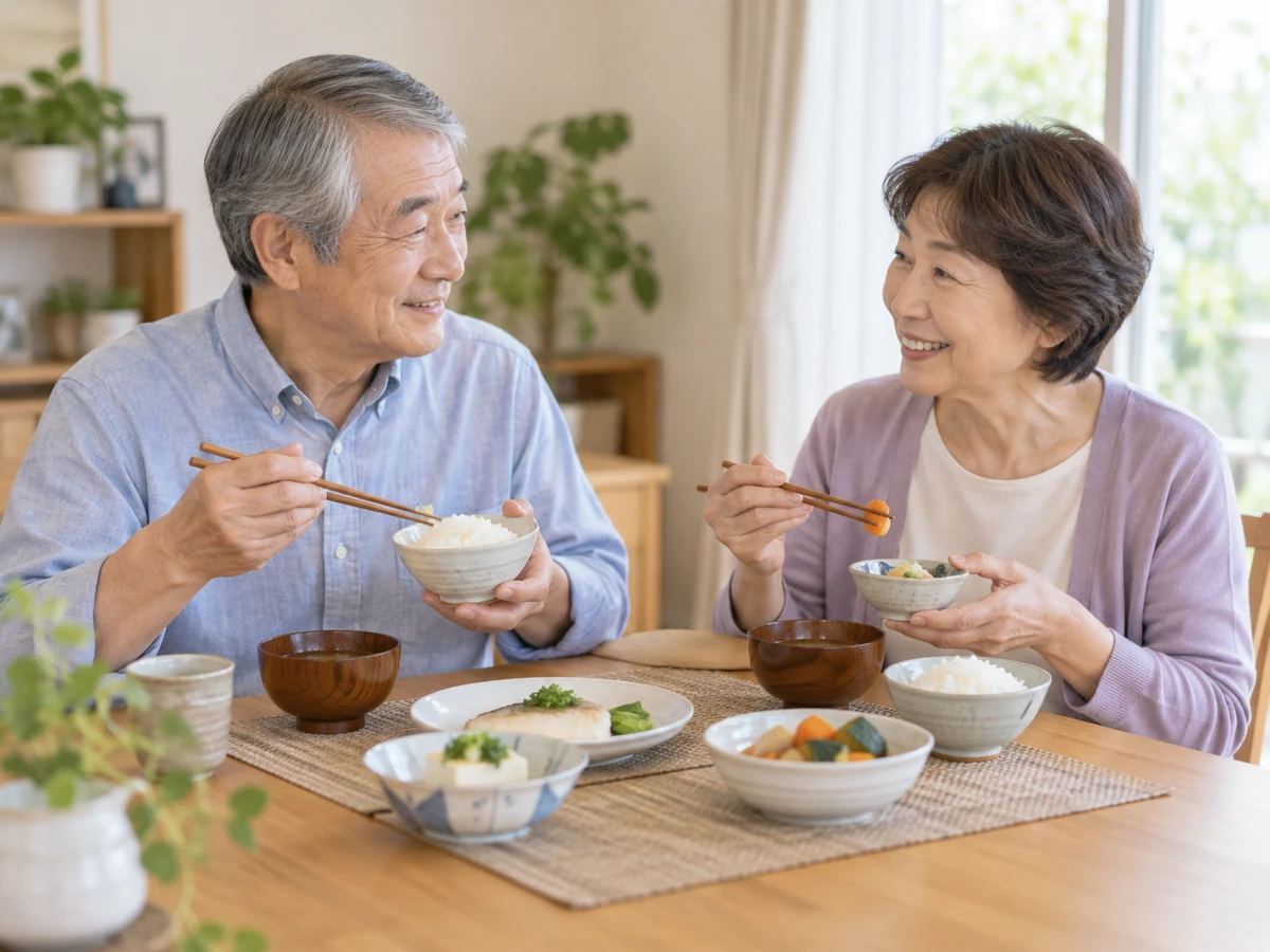 自宅で魚や豆腐、野菜などの食事を少しずつ楽しむ男女