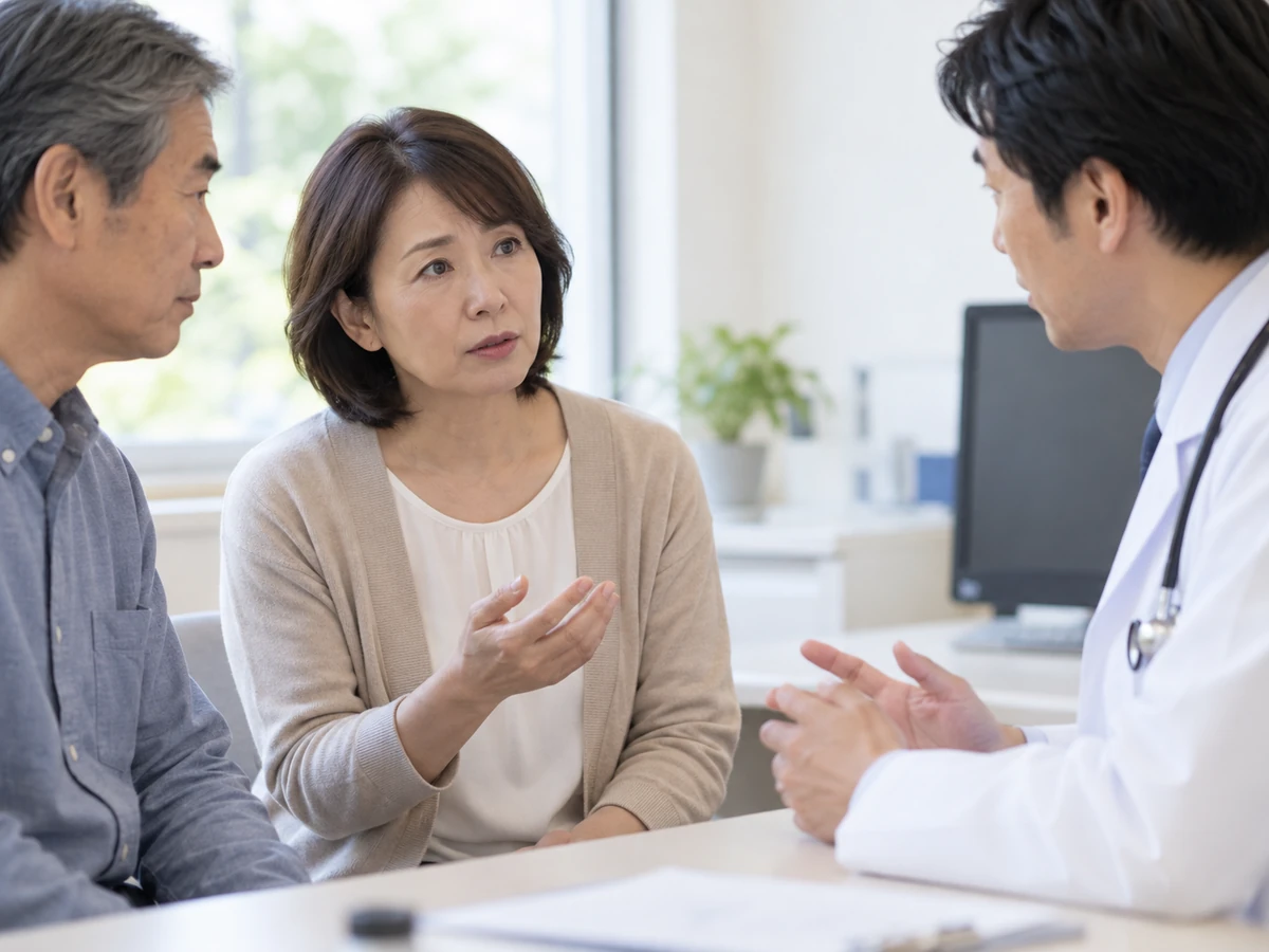 女性と家族が診察室で医師に相談している。